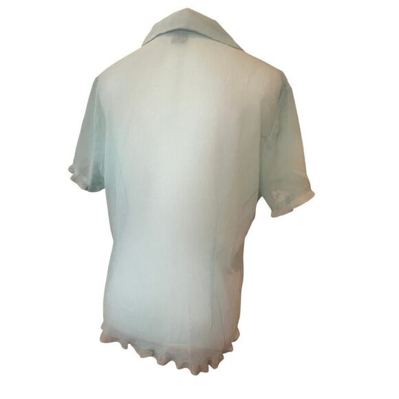 NOTATIONS sheer TURQUOISE RUFFLED button up top womens size large - Picture 2 of 8
